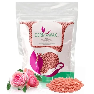 Imagen de Dermawax Cera depilatoria caliente de fusión suave rosa Depilación sin tiras para todas las áreas así como la cara Piernas Brazos brasileña y tipos piel particularmente sensible 1 kg