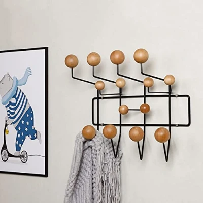 Imagen de BAIHAO Perchero Montado En La Pared Estante De Abrigo Colgante Entrada Metal Clásico con Bolas Nogal Madera Maciza Pintadas Percha Color
