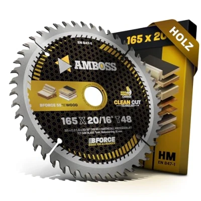 Imagen de Hoja de sierra circular HM 165 x 20 16 Z48 diente alterno para madera Super Feinschnitt AMBOSS WERKZEUGE® mm + anillo reductor mm. compatible con DeWALT