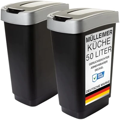 Imagen de 2friends cubo de basura cocina con 2 compartimentos, 50 L, a prueba olores, doble tapa basculante, x litros, grande, 60 45 34 cm, plástico reciclable, negro/plata,