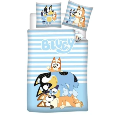 Imagen de Aymax Bluey And Family Juego de ropa cama reversible suave, 100 % algodón, funda edredón y almohada para niños, 135 x 200 cm + 48 74