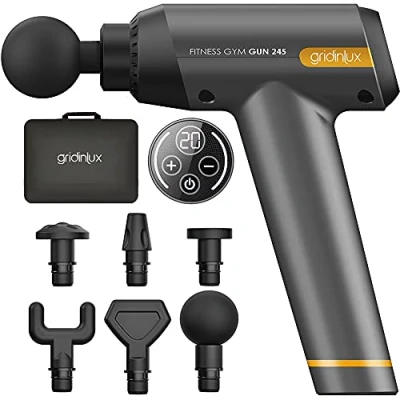 Imagen de Gridinlux. Pistola Masaje muscular GUN 245 6 Cabezales 20 Niveles 1800 2450 rpm Masajeador eléctrico cervical, espalda, brazos, pies, piernas, abdomen Pantalla LCD por Percusión