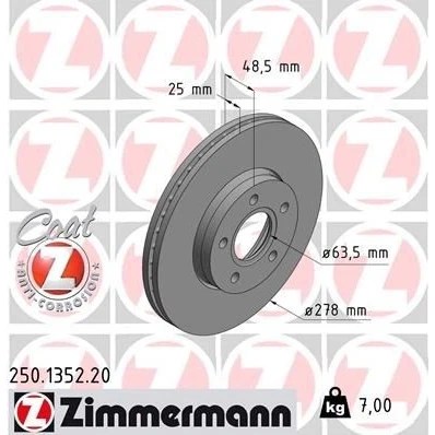 Imagen de ZIMMERMANN COAT Z 250.1352.20 Disco de freno 278 25 5/5 5 108 ventilación interna revestido altamente carbonizado FORD: Focus 2, 3, C Max