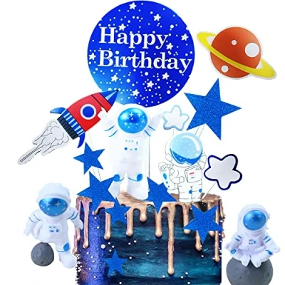 Imagen de 16 Piezas Astronauta Decoraciones, Decoracion Tarta Astronauta, Incluye Planeta, Cohete, Nave Espacial Cupcakes, para Fiesta Cumpleaños, Temática