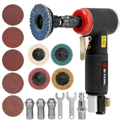 Imagen de SI FANG Kit de 16 amoladoras aire en ángulo recto con pinzas 1/4 pulgadas 1/8 2 pulgadas, accesorios discos lijado cambio rápido, mini lijadora neumática, herramientas