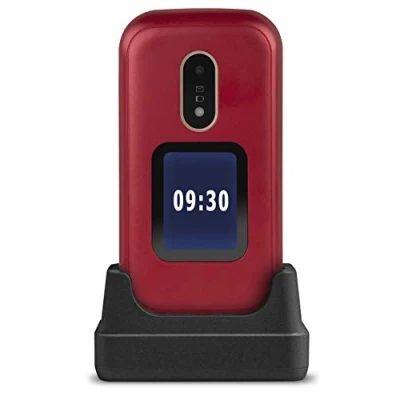 Imagen de Doro 6060 Teléfono Móvil 2G Dual SIM para Mayores con Tapa Teclas Grandes, Pantalla Externa, Botón SOS GPS y Base de Carga [Versión Española] (Rojo)