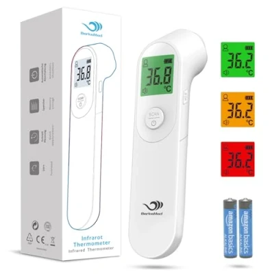 Imagen de BerkeMed termómetro para adultos y niños, de frente con ángulo medición cómodo, digital altamente preciso alarma fiebre, pantalla LCD, 20 recuerdos lecturas