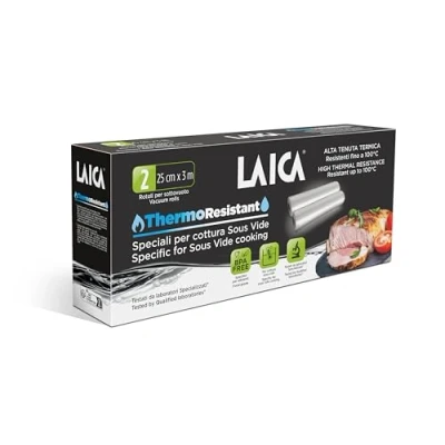 Imagen de 2 rollos de 25x300 cm.para envasar al vacío Laica TR1000 Thermo Resistant, especiales para usar en la cocción Sous Vide