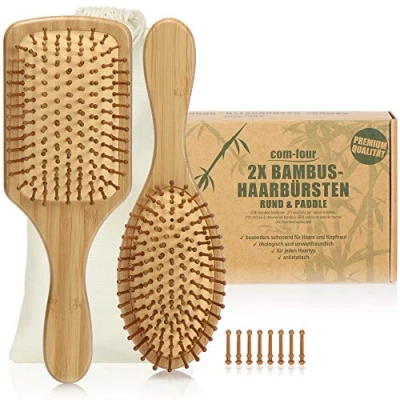 Imagen de COM FOUR® 2x Set de cepillos naturales para el cabello hechos bambú cepillo cerdas 100% vegano (2 piezas multiuso + paleta)