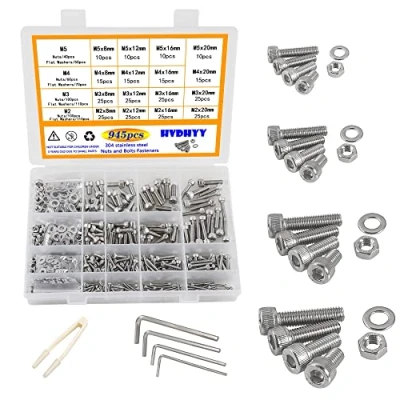 Imagen de HVDHYY 945 tornillos de cabeza cilíndrica M2 M3 M4 M5 con hexágono interior juego hexagonal A2 70 acero inoxidable tuercas arandelas Kit Hex Socket Button caja
