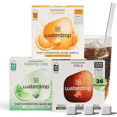 Imagen de waterdrop® Mix Sabores de Frutas, 36 Pastillas Saborizantes Para Agua, Bebidas Sin Azúcar, Agua: NARANJA, COLA, LIMA, Refresco Instantaneo, Sobres