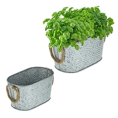 Imagen de Relaxdays Set 2 Macetas, Maceteros Aspecto Martillado, Jardineras Decorativas Hierro Tamaños, Asas de Jute, Plateado