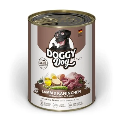 Imagen de DOGGY Dog Paté Cordero y Conejo, 6 x 800 g, Comida húmeda para Perros, sin Cereales, con Aceite de salmón mejillón Labios Verdes, pienso Completo Batata Guisantes, Fabricado en Alemania