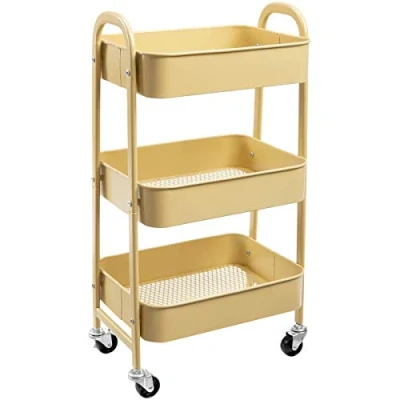 Imagen de DOEWORKS Carrito Metalico con Ruedas Carro de Almacenamiento Auxiliar Cocina Servicio 3 Niveles Rodante Organizador para Dormitorio Baño, Caqui Amarillo