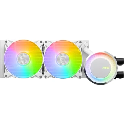 Imagen de MSI MAG CORELIQUID E240 AIO Refrigeracfión líquida CPU Cold plate de Cobre Ampliada, ARGB y Ventiladores FDB,Bloque Agua Cámara Dual, Radiador Flujo Dividido, Mystic Light Intel AMD, blanca