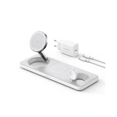 Imagen de Anker Estación de Carga Inalámbrica 3 en 1 Plegable, Soporte Ultrarápida 15 W Certificado Qi2 para iPhone 16/15/14/13/12 Series, AirPods Pro, Apple Watch Ultra (con Cable y Cargador USB C)