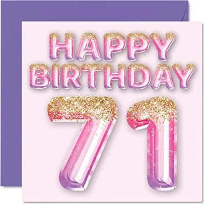 Imagen de Tarjeta de cumpleaños número 71 para mujer, globos purpurina rosa y morada, tarjetas feliz mujer años, mamá, gran niñera, abuela, 145 mm x mm, setenta