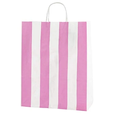 Imagen de Thepaperbagstore 10 Bolsas De Papel Colores, Reciclables y Reutilizables, con Asas Retorcidas, Rayas Blancas Rosas Mediana 250x110x310mm