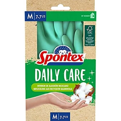 Imagen de Spontex Daily Care Guantes de látex 100% aprobado por el FSC, forro algodón reciclado, para todo tipo tareas limpieza y cuidado, talla M (7 7,5)