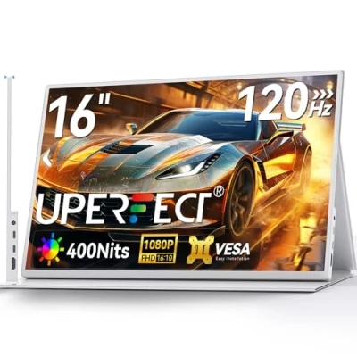 Imagen de UPERFECT Monitor Portátil 16&quot; 120Hz Portable para Juegos FHD 1080P Mobile con HDMI USB C Extensión de Pantalla el Ordenador Portátil, VESA Compatible, Carcasa Blanca