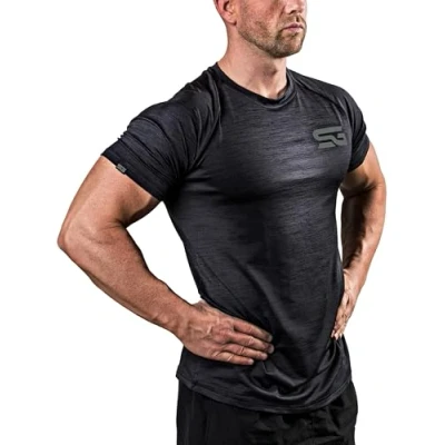 Imagen de Satire Gym Camiseta Ajustada Fitness Hombres/Ropa Deportiva de Secado rápido Hombre Apta como Culturismo y Gimnasio Entrenamientos (Negro Moteado, M)