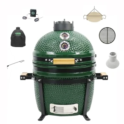 Imagen de YNNI Kamado TQTT15GR de pie (15,7 pulgadas), color verde, barbacoa, cerámica, huevo, ahumador, paquete con ExtrasTQTT15GR