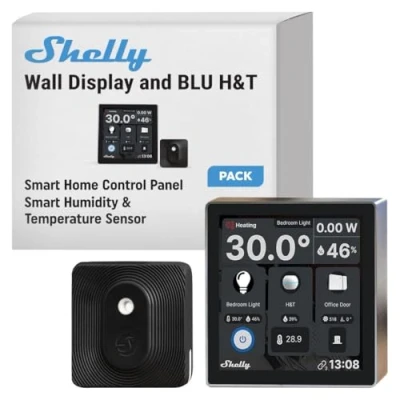 Imagen de Shelly Wall Display Negro + Blu H&amp;T (Bundle), Kit de inicio para automatización intelligente, WiFi y Bluetooth, Termostato, Relé 5 A integrado, Conductor Neutro