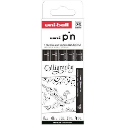 Imagen de Uni Ball Estuche PIN de 5 piezas marcadores calibrados 0,1 a 0,5 mm color negro y gris SET CALIGRAPHY