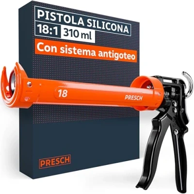 Imagen de Presch pistola Silicona 18:1 Relación de empuje &amp; antigoteo Para cartuchos hasta 310 ml (viscosidad media, adhesivo montaje) Cartuchera giratorio 360 incl. aguja perforación