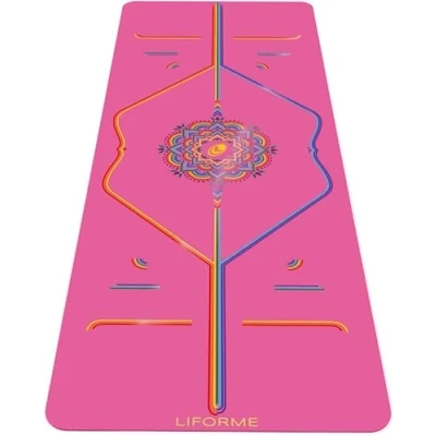 Imagen de Liforme Esterilla de yoga viaje con tinta Sistema alineación patentado, antideslizante, ecológica y biodegradable, ultraligera, resistente al sudor, largo, ancho grueso rosa agradecido