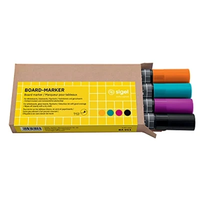 Imagen de SIGEL BA011 Rotulador de pizarra borrado en seco o húmedo negro,turquesa,magenta,naranja punta redonda 2 3 mm 4 und. para pizarras magnéticas vidrio blanco, blancas y rotafolios