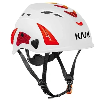 Imagen de KASK Superplasma HI VIZ Casco de protección laboral, rueda giratoria, tiras reflectantes, EN 397, color: blanco/rojo, talla única
