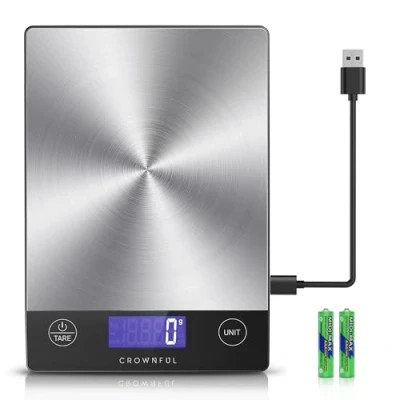 Imagen de CROWNFUL báscula de cocina recargable para alimentos, digital 33 libras, peso en gramos y onzas hornear cocinar, carga tipo C, pantalla LCD, acero inoxidable 304