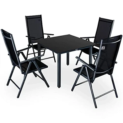 Imagen de CASARIA Comedor de Jardín Bern Antracita Aluminio 90x90 Mesa y 4 Sillas Plegables 8 Posiciones Muebles Exterior
