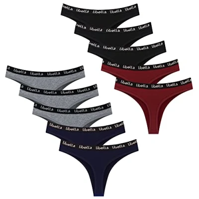 Imagen de Libella Mujer Tanga de algodón Simple y Confortable Thong Tangas Bragas para Mujer,Pack 10,3207 Negro Gris Rojo Oscuro Azul L