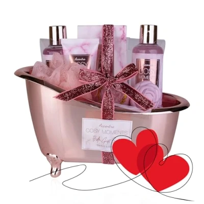 Imagen de Accentra COSY MOMENTS set de baño y ducha en color rosado regalo relajación para mujeres cumpleaños o Navidad bienestar cuidado 7 piezas mini bañera decorativa