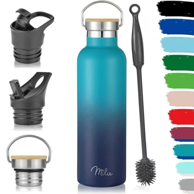 Imagen de Milu Botella de Agua, 500ml, 750ml, 1000ml (+3 Tapas) Acero Inoxidable, Libre BPA, Para Bebidas Calientes, Frías y Carbonatadas (Azul Verde, 750ml)
