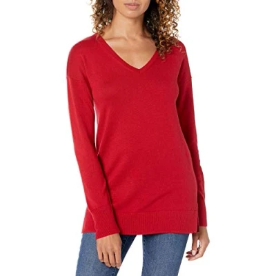 Imagen de Amazon Essentials Jersey Tipo Túnica Ligero de Manga Larga y Cuello en Pico (Disponible Tallas Grandes) Mujer, Rojo, S
