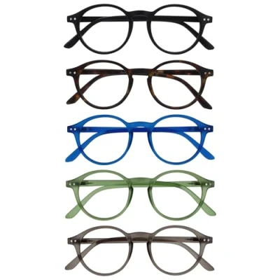 Imagen de OPULIZE REY Gafas de Lectura Pack 5 Montura Redonda Retro Negro, Marrón, Azul, Verde, Gris Hombre Mujer Bisagras Muelle RRRRR56 12367 +2.00