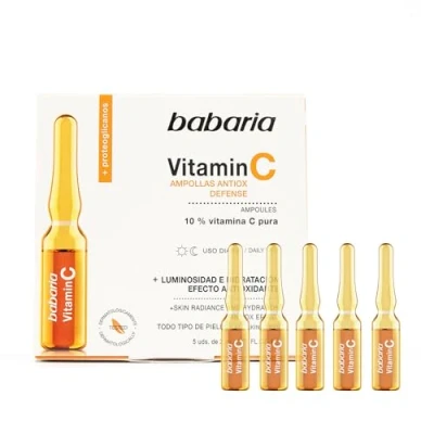 Imagen de Babaria Ampollas Faciales con 10% Vitamina C Pura, Luminosidad e Hidratación Efecto Antioxidante, Vegano 5 Unidades de 2 ml