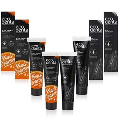 Imagen de Ecodenta Pasta de Dientes Carbón Activado Blancos Sin Fluoruro 4 Pack I Negro Blanqueamiento Sabor Naranja 4x100ml