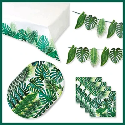 Imagen de Talking Tables Tropical Party Tableware Set Hawaiian Decorations 16 Guests Green Garland, Palm Tablecloth, Plates and Napkins Perfect for Kids Birthday Theme, Summer Luau, Verde
