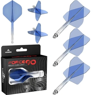 Imagen de Mission Darts Force 90 Sistema integrado de vuelo y eje dardos moldeado precisión, paquete 3 plumas tallos combinados profesionales altamente duraderos Estándar n.º 2 (azul degradado,