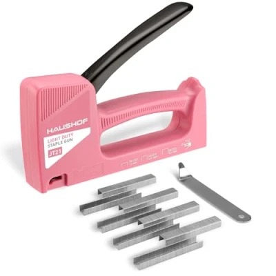 Imagen de HAUSHOF Grapadora Manual, Tapicero, Pistola con 800 Grapas y Quita grapas, para Cables, Madera, Tapicería, Decoración, Muebles, Rosa