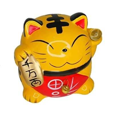 Imagen de lachineuse Gato Maneki Neko Amarillo Figura de japonés la Suerte Objeto Kawaii Deco Lucky Cat Porcelana 15,5 cm Lindo asiático Suerte, Felicidad, Fortuna