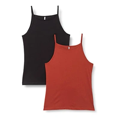 Imagen de ONLY ONLMAY Life S/L Stripe Top 2 Pack JRS Camiseta sin Mangas, Burnt Henna/Pack:Black, XS para Mujer