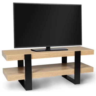 Imagen de Soporte de TV diseño en negro y madera con estante doble