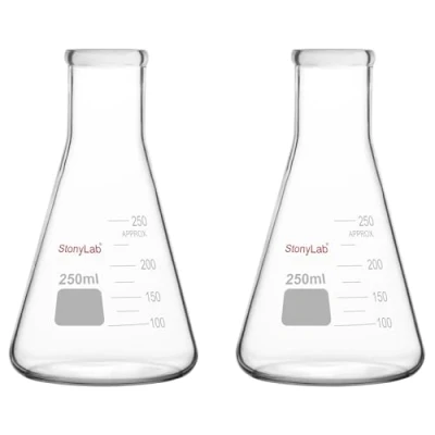 Imagen de stonylab Erlenmeyer Matraces, Paquete de 2 250 ml Boca Estrecha Muro Pesado Vidrio Borosilicato Matraz Cristalería Laboratorio