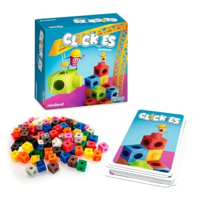 Imagen de Miniland Clickies Juego de Mesa Educativo para Niños +6 Años Desafíos con Cartas y Policubos Creatividad, Velocidad Diversión en Familia