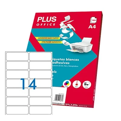 Imagen de Plus Office 10690/001637 Etiquetas autoadhesivas de cantos rectos, 1400 eti/caja, 99.1 x 38 mm, blanco
